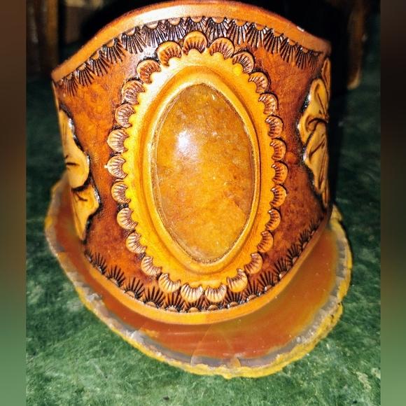 Custom Leather Cuff with Citrine Centerpiece - Picture 2 of 5